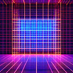 Futuristic, neon-colored room with a large, open doorway