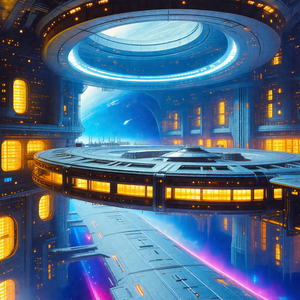 Futuristic scene featuring a large, circular spacecraft w...