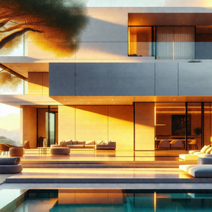 Large, modern house with a large pool in front of it