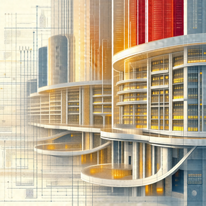Drawing of a large building with a curved design