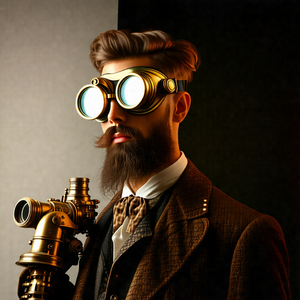 Man wearing a suit and tie, with a pair of goggles on his...