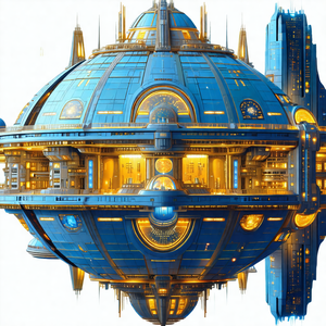 Futuristic drawing of a large, blue, circular building wi...