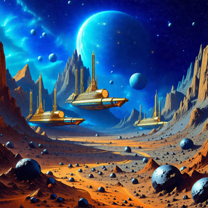 Futuristic scene with a group of spaceships flying throug...