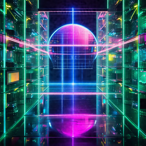 Futuristic room with a large, brightly lit display of neo...