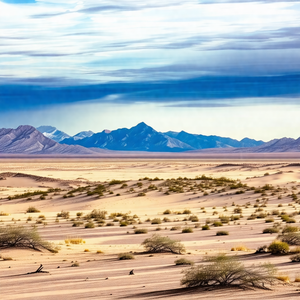 Vast, open desert landscape with a mountain range in the ...