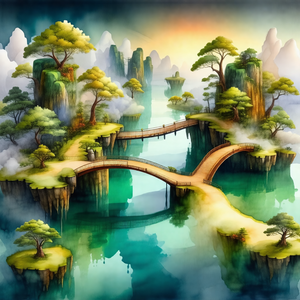 Painting of a beautiful island with a bridge connecting i...