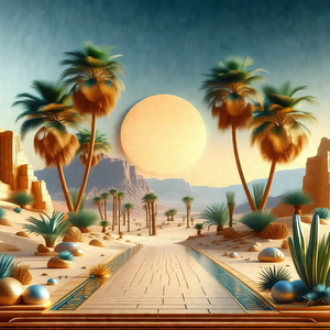 Painting of a desert landscape with a pathway leading to ...