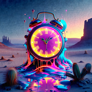 Large, colorful clock with a purple and blue design, sitt...