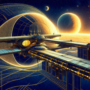 Futuristic space station with a large dome-shaped structu...