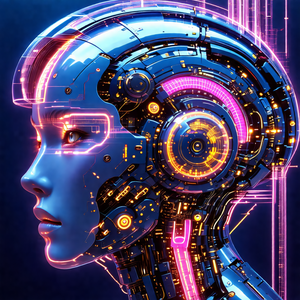 Futuristic robotic head with a blue hue