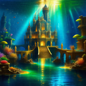 Beautifully drawn underwater scene featuring a castle-lik...