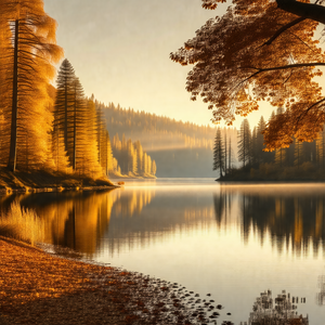 Serene lake surrounded by trees, with a beautiful sunset ...