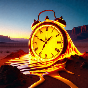 Large, lit-up clock sitting in the middle of a desert lan...