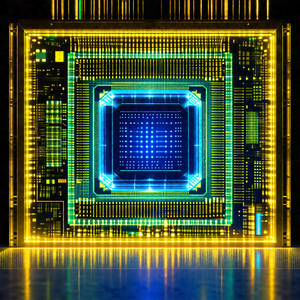 Close-up of a computer circuit board with a blue square i...