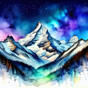 Painting of a mountain range with a blue sky in the backg...
