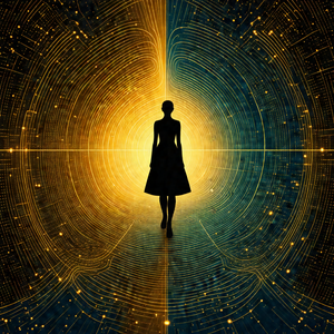 Woman standing in the center of a brightly lit tunnel
