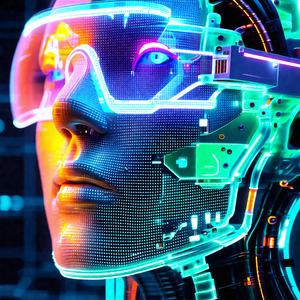 Futuristic robot with a glowing face, resembling a human