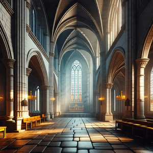 3d rendering of a large cathedral with a high vaulted cei...