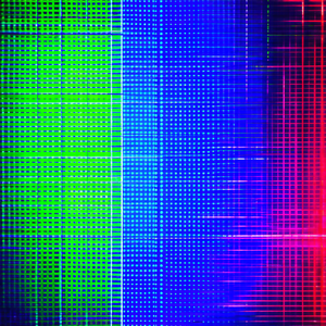 Colorful, abstract artwork featuring a mix of red, green,...