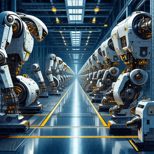 Factory with a long row of white robots lined up in a str...