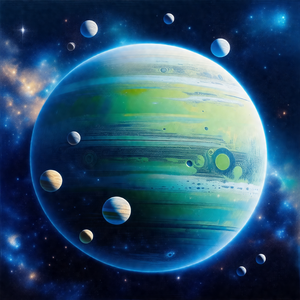 Blue and green planet with a variety of moons and planets...