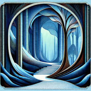 Painting of a snowy forest with a path leading through th...