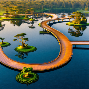 Beautifully designed wooden walkway that stretches across...
