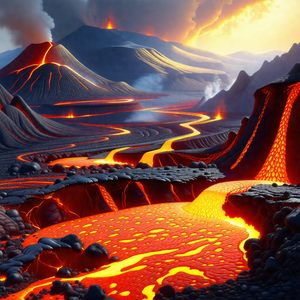 Vivid and colorful landscape, featuring a river of lava f...