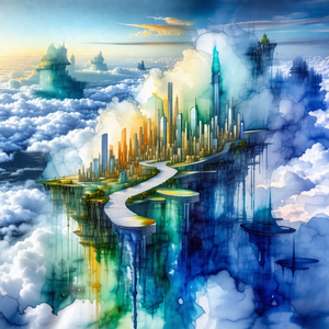 Colorful and imaginative painting of a city floating in t...