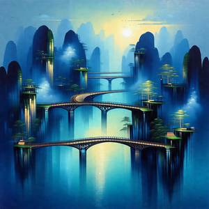Painting of a bridge that spans across a body of water