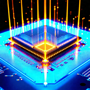 Close-up of a computer circuit board with a blue glow