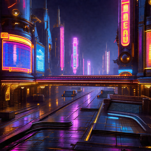 Futuristic cityscape with a large, illuminated building i...