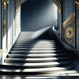 Grand staircase in a palace, leading up to a doorway