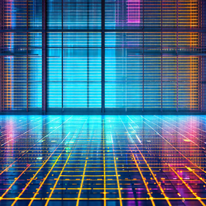 Futuristic cityscape with a large, colorful building in t...