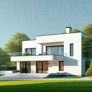 Large, modern white house with a large deck and a glass door