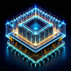 Futuristic, blue and yellow cityscape with a large, illum...