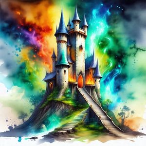 Large, colorful castle with a tall tower and a staircase ...