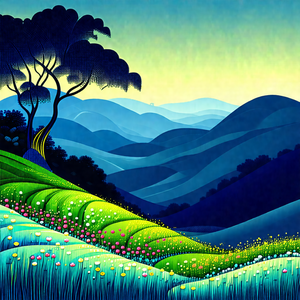 Painting of a lush green hillside with a tree at the bott...