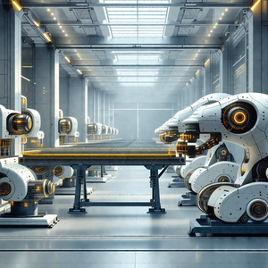 Large factory with a row of white robots lined up on a co...