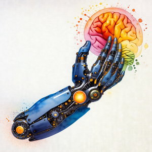 Robotic hand holding a colorful, rainbow-colored brain