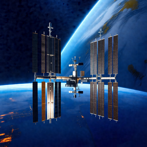 Space shuttle with a large satellite on top of it