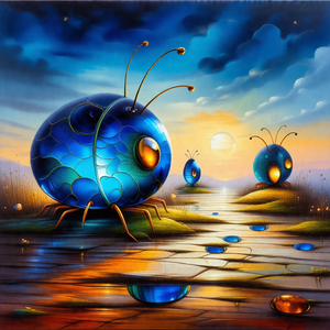Group of blue and yellow insects, possibly beetles, stand...