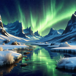 Serene scene of a frozen lake surrounded by snow-covered ...