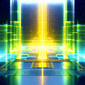 Futuristic scene with a large, brightly lit tunnel