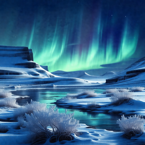 Beautiful night scene with a frozen lake surrounded by sn...