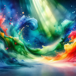 Colorful painting of a wave, featuring a mix of blue, gre...