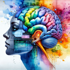Colorful painting of a human head, featuring a close-up o...