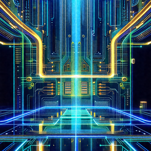 Futuristic, computer-generated scene featuring a large, b...