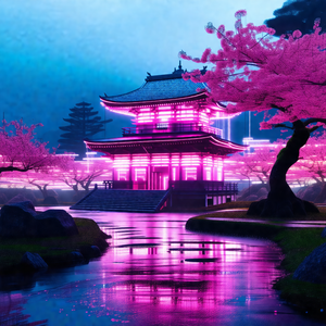 Digital painting of a beautiful asian palace with a pink ...