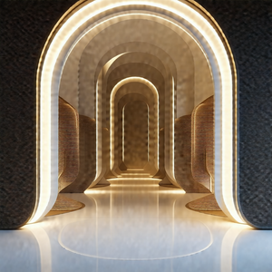 Long, narrow hallway with a row of benches lining the sides